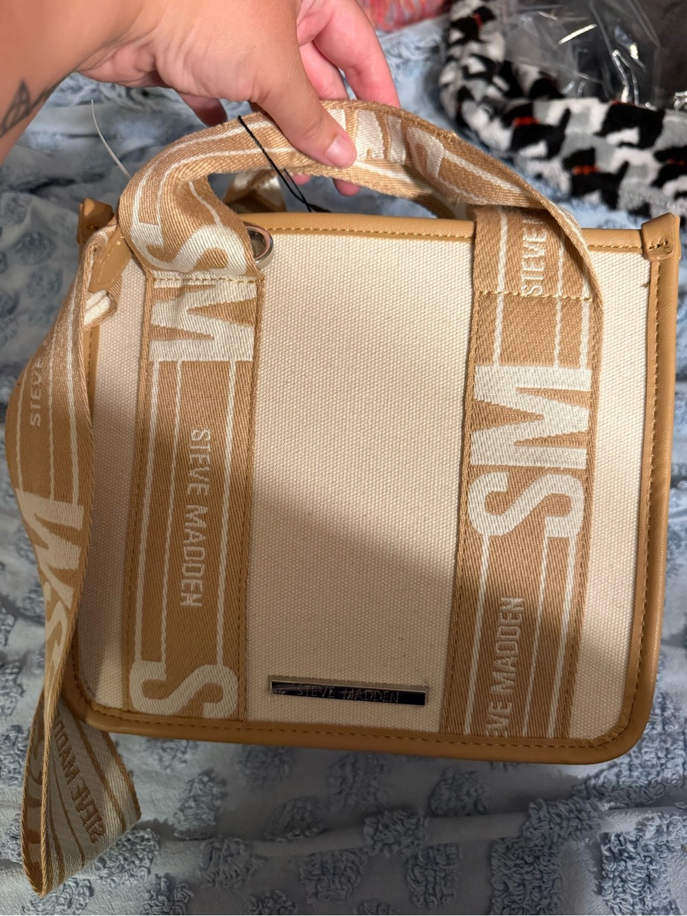 Steve Madden Cream and Tan Canvas Crossbody with Branded Strap